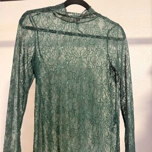 Anthropologie Green Lace Long-Sleeve Sheer Top